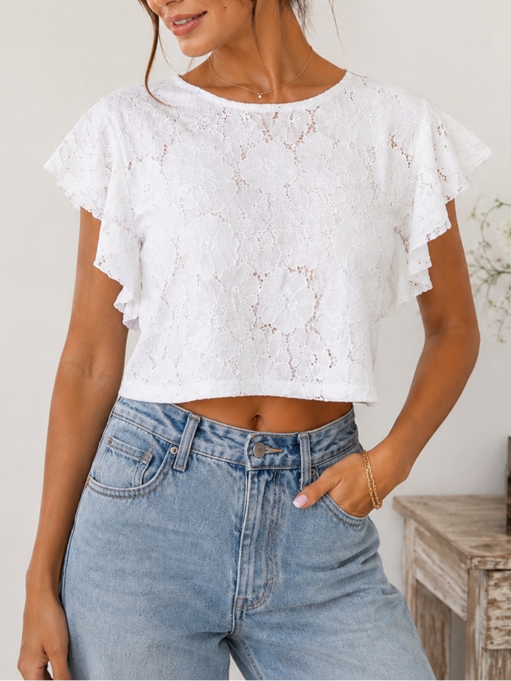 Zara Trafaluc White Floral Lace Crop Top Medium Flutter Sleeve 2017